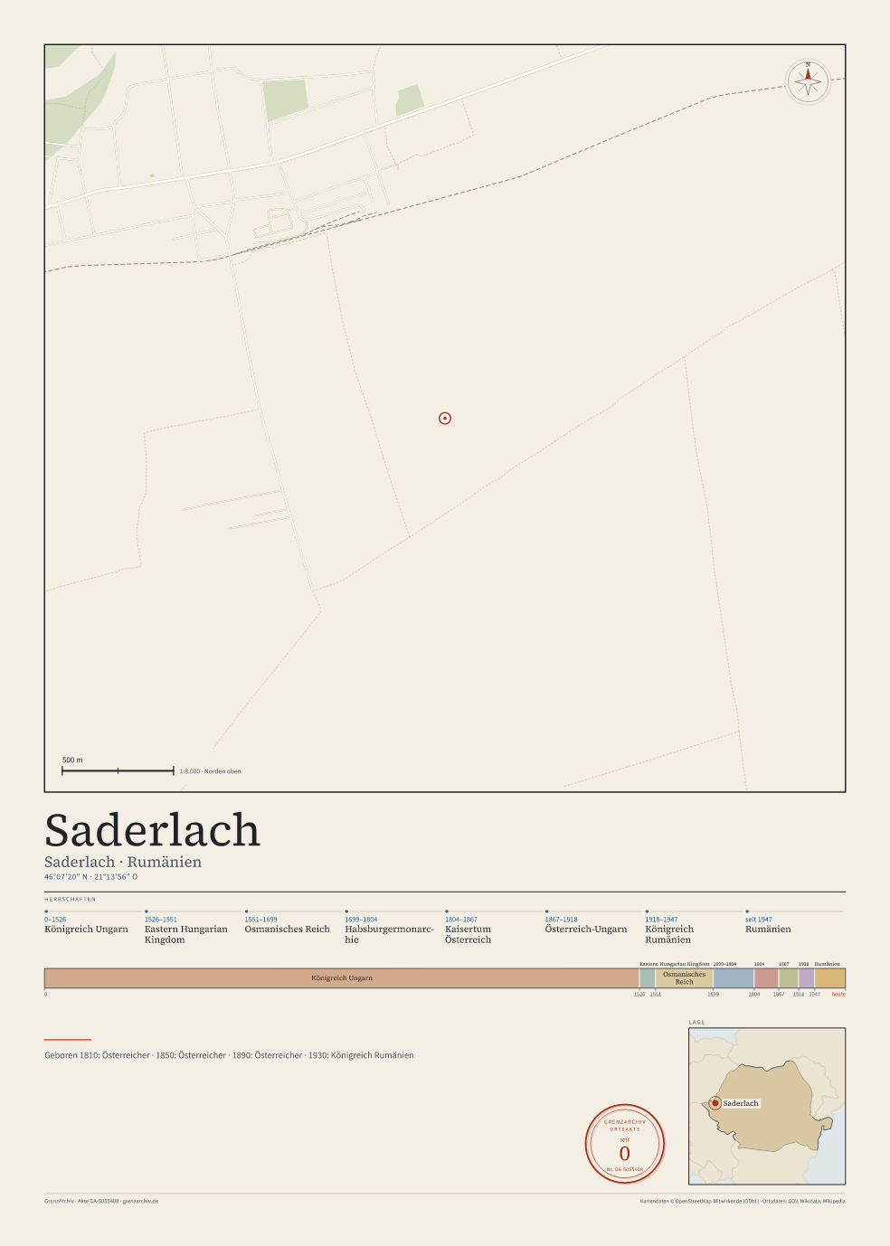 Vorschau des Kartenblatts von Saderlach: oben der Stadtplan, unten Ortsname, Koordinaten und die Herrschaften des Ortes