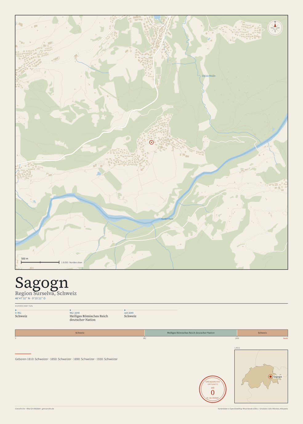 Vorschau des Kartenblatts von Sagogn: oben der Stadtplan, unten Ortsname, Koordinaten und die Herrschaften des Ortes