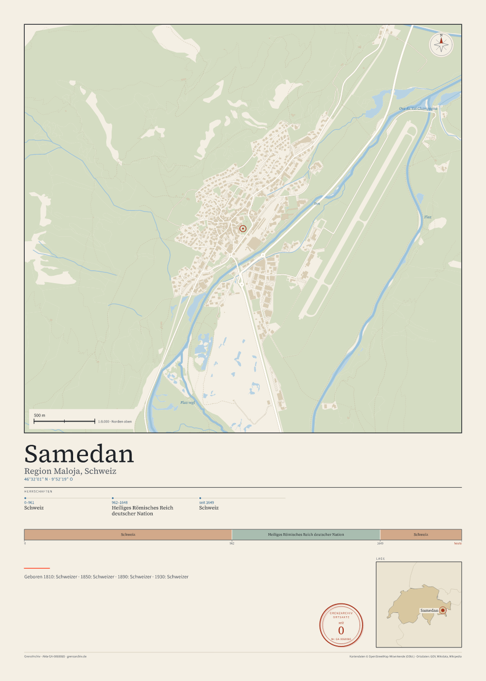 Vorschau des Kartenblatts von Samedan: oben der Stadtplan, unten Ortsname, Koordinaten und die Herrschaften des Ortes