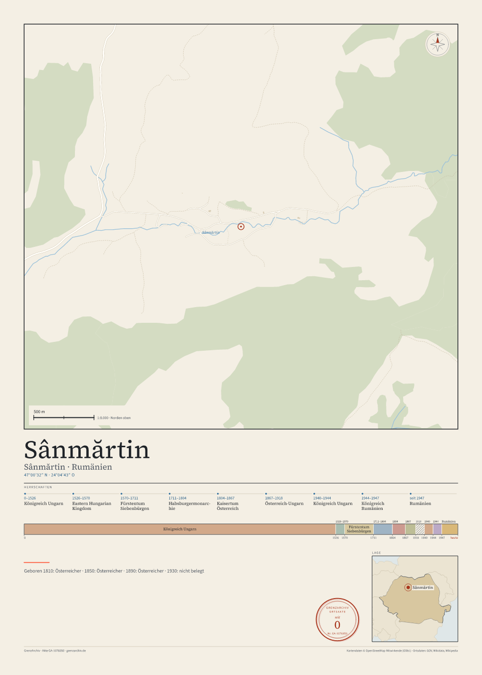 Vorschau des Kartenblatts von Sânmărtin: oben der Stadtplan, unten Ortsname, Koordinaten und die Herrschaften des Ortes