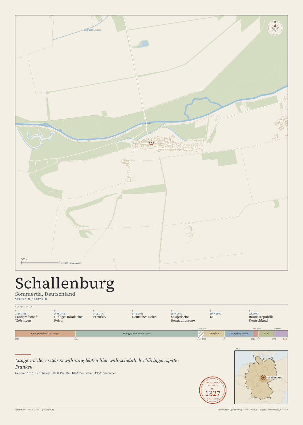Vorschau des Kartenblatts von Schallenburg: oben der Stadtplan, unten Ortsname, Koordinaten und die Herrschaften des Ortes