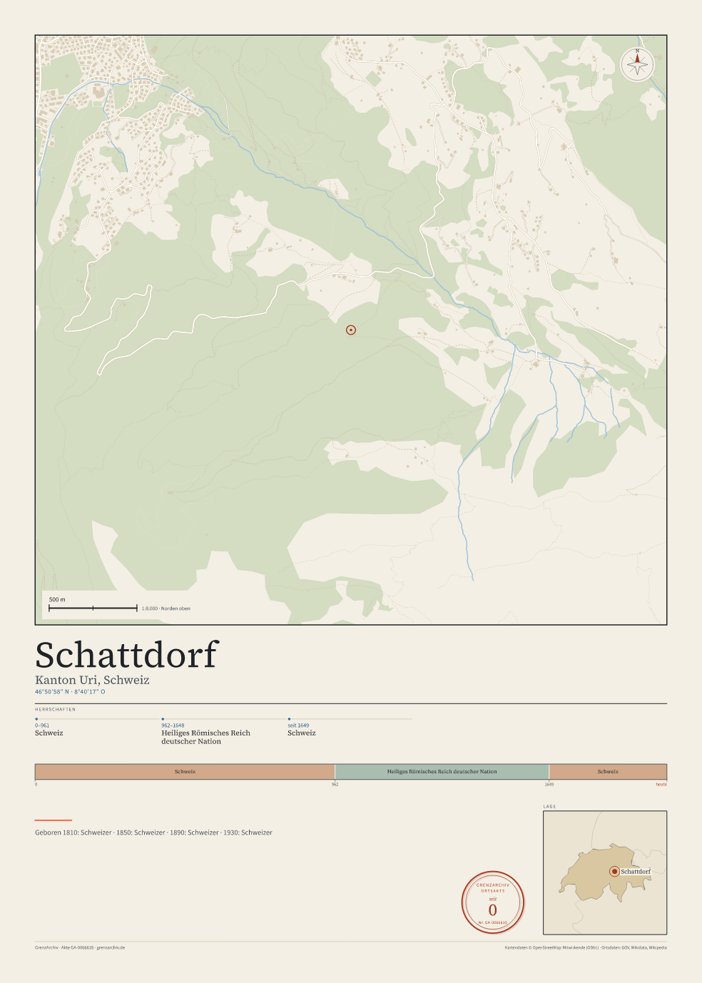 Vorschau des Kartenblatts von Schattdorf: oben der Stadtplan, unten Ortsname, Koordinaten und die Herrschaften des Ortes