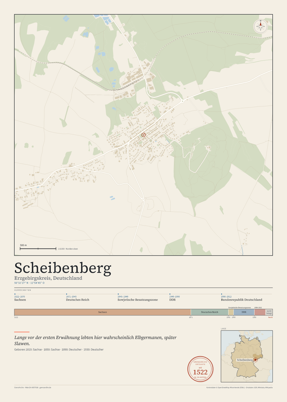Vorschau des Kartenblatts von Scheibenberg: oben der Stadtplan, unten Ortsname, Koordinaten und die Herrschaften des Ortes