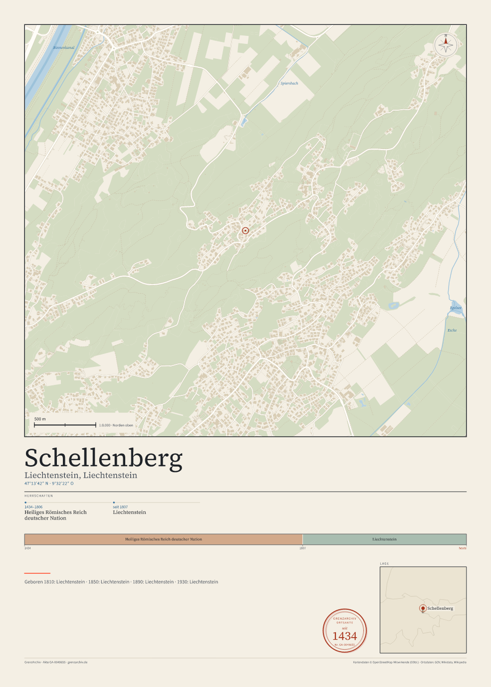 Vorschau des Kartenblatts von Schellenberg: oben der Stadtplan, unten Ortsname, Koordinaten und die Herrschaften des Ortes