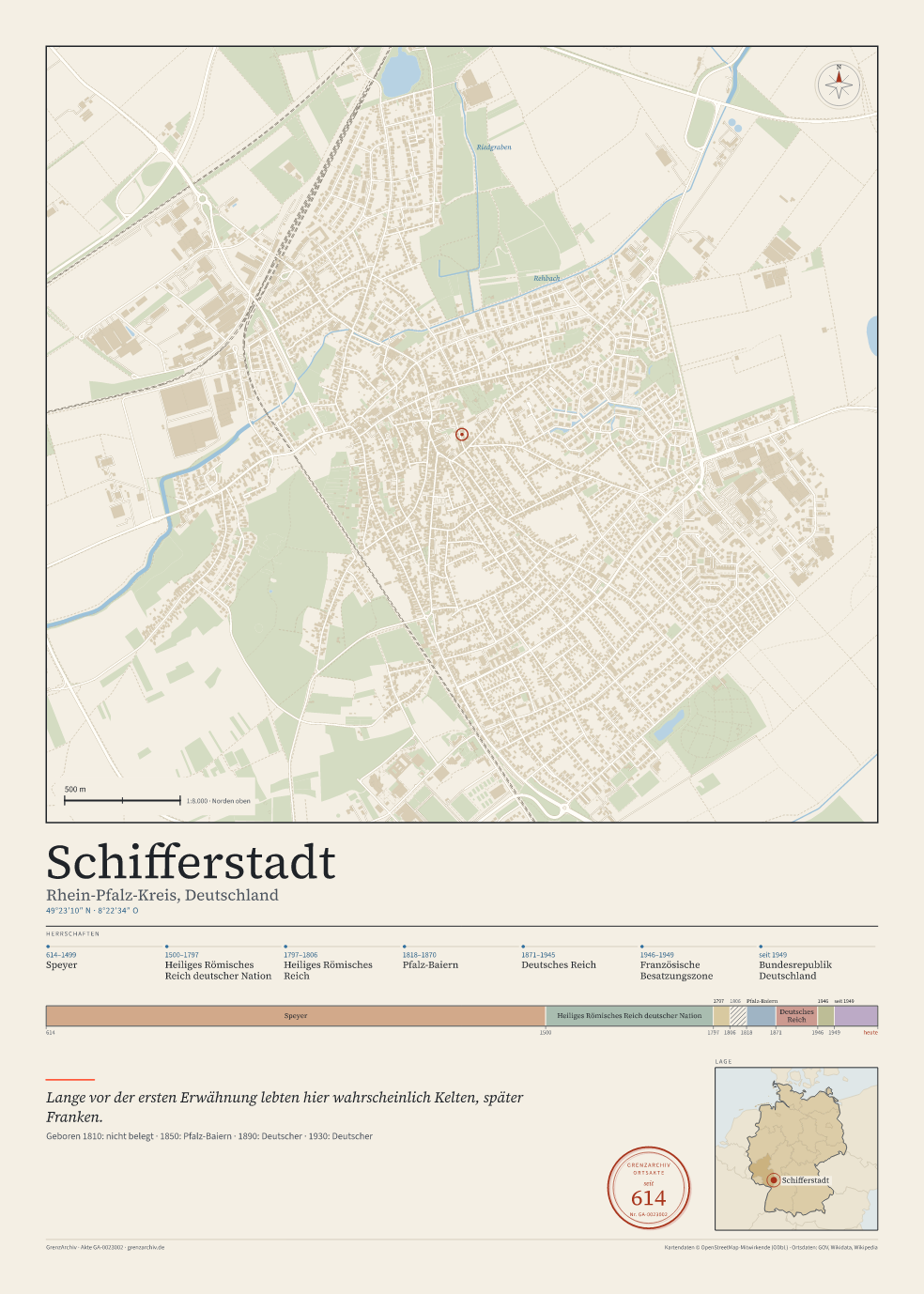 Vorschau des Kartenblatts von Schifferstadt: oben der Stadtplan, unten Ortsname, Koordinaten und die Herrschaften des Ortes