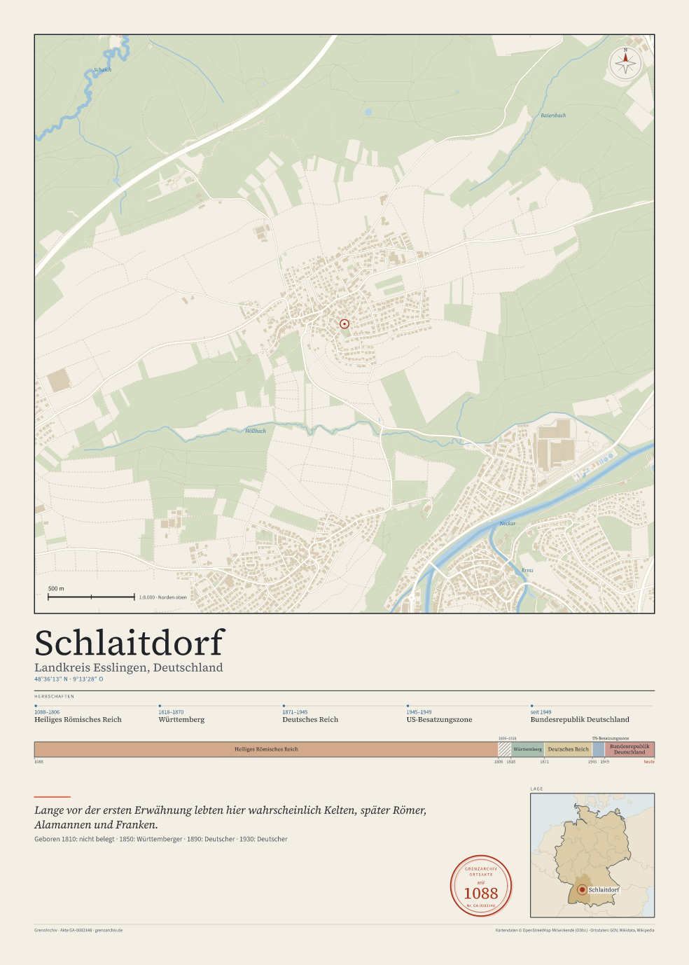 Vorschau des Kartenblatts von Schlaitdorf: oben der Stadtplan, unten Ortsname, Koordinaten und die Herrschaften des Ortes