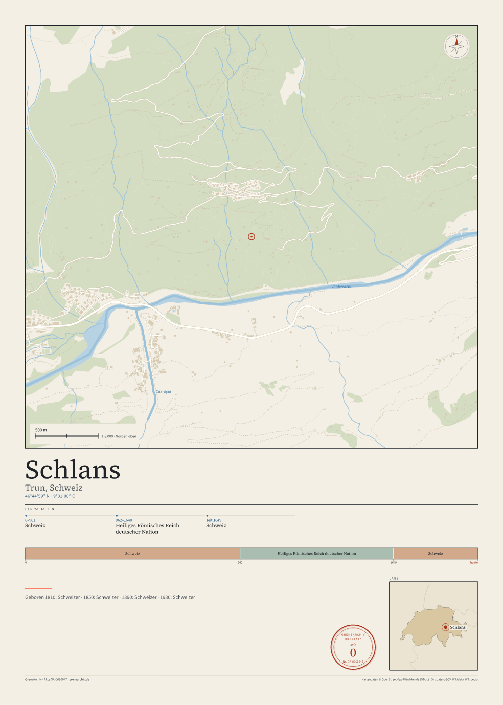 Vorschau des Kartenblatts von Schlans: oben der Stadtplan, unten Ortsname, Koordinaten und die Herrschaften des Ortes