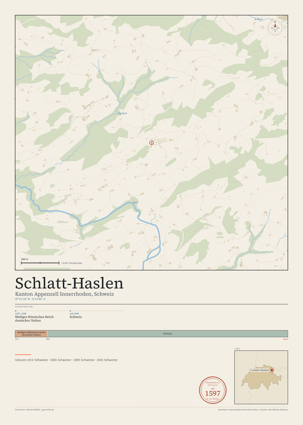 Vorschau des Kartenblatts von Schlatt-Haslen: oben der Stadtplan, unten Ortsname, Koordinaten und die Herrschaften des Ortes