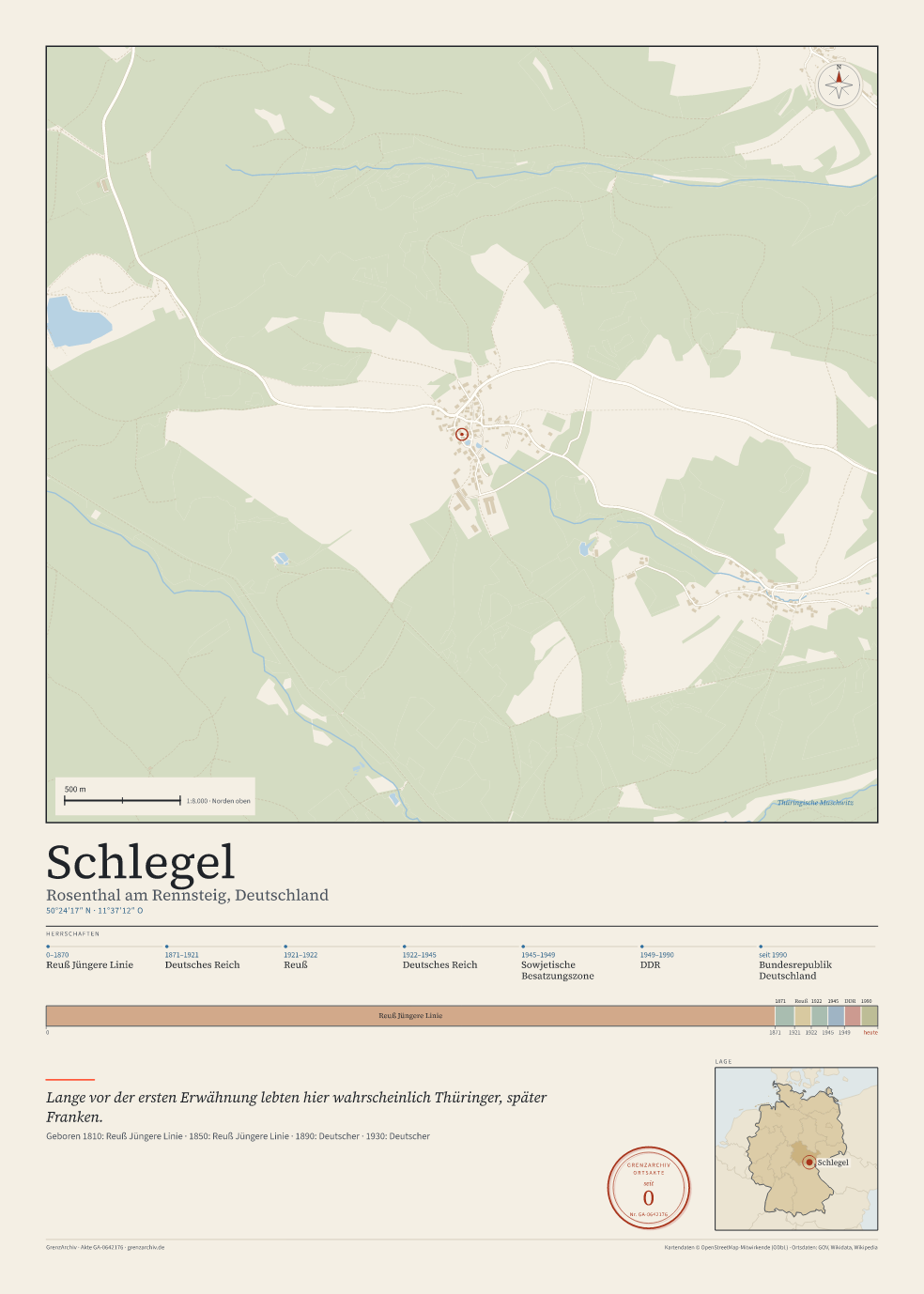 Vorschau des Kartenblatts von Schlegel: oben der Stadtplan, unten Ortsname, Koordinaten und die Herrschaften des Ortes