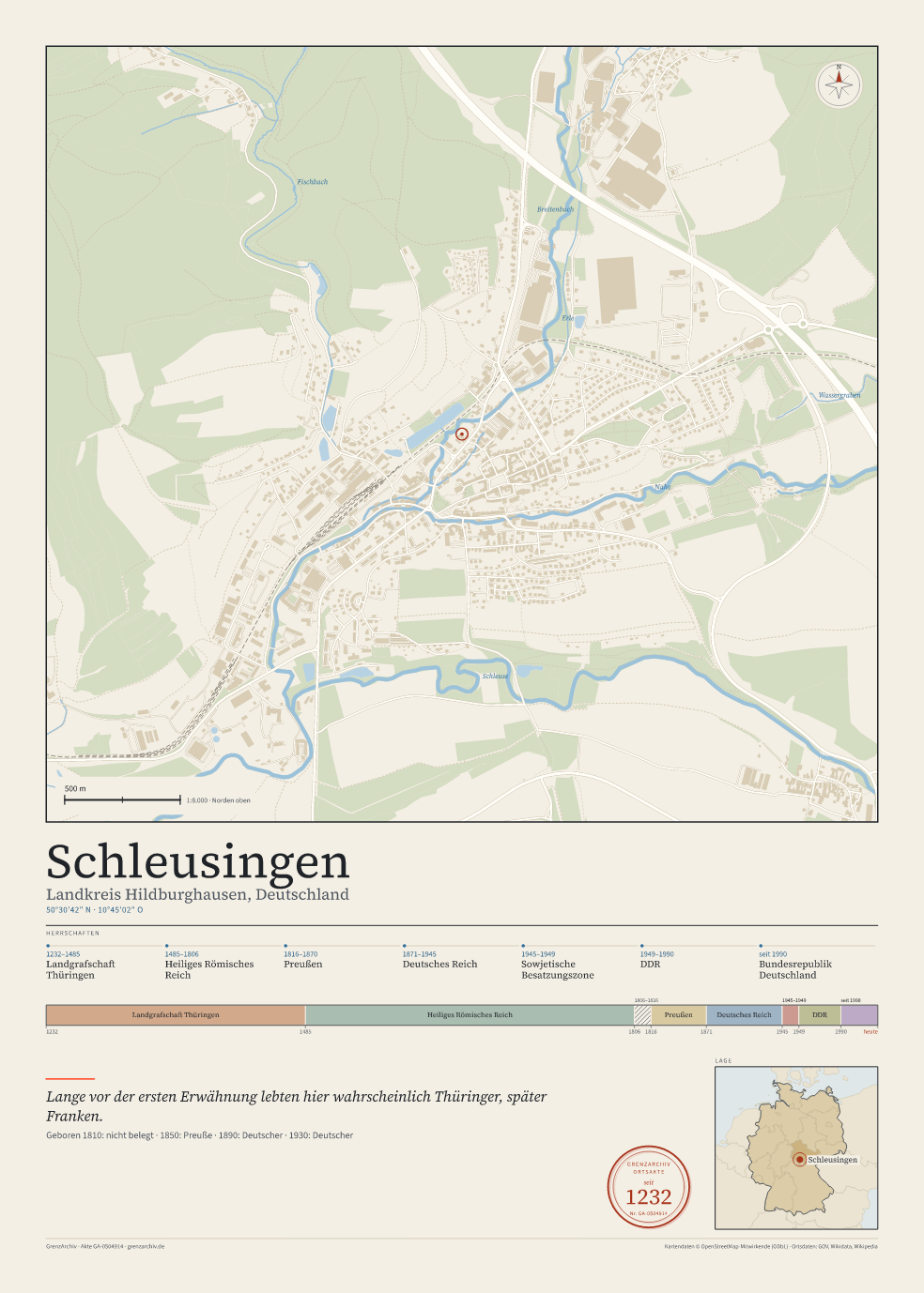 Vorschau des Kartenblatts von Schleusingen: oben der Stadtplan, unten Ortsname, Koordinaten und die Herrschaften des Ortes
