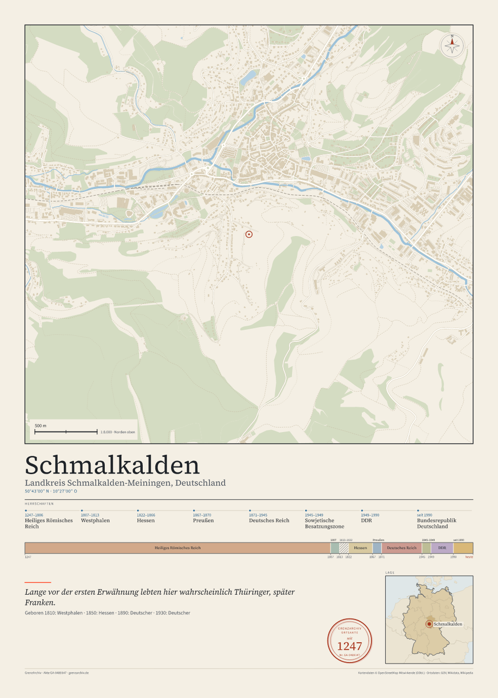 Vorschau des Kartenblatts von Schmalkalden: oben der Stadtplan, unten Ortsname, Koordinaten und die Herrschaften des Ortes