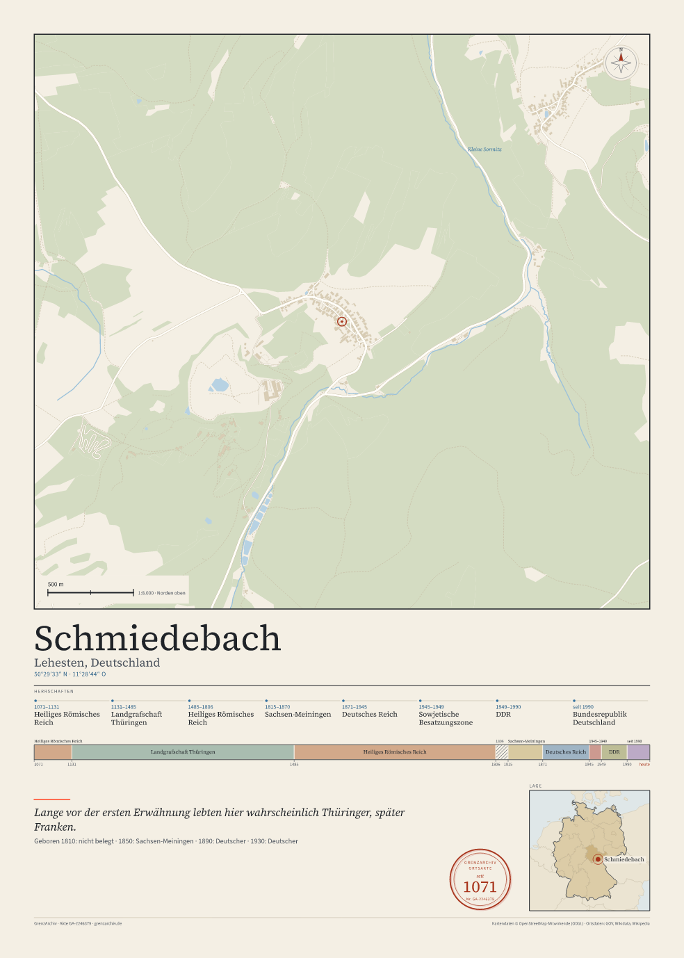Vorschau des Kartenblatts von Schmiedebach: oben der Stadtplan, unten Ortsname, Koordinaten und die Herrschaften des Ortes