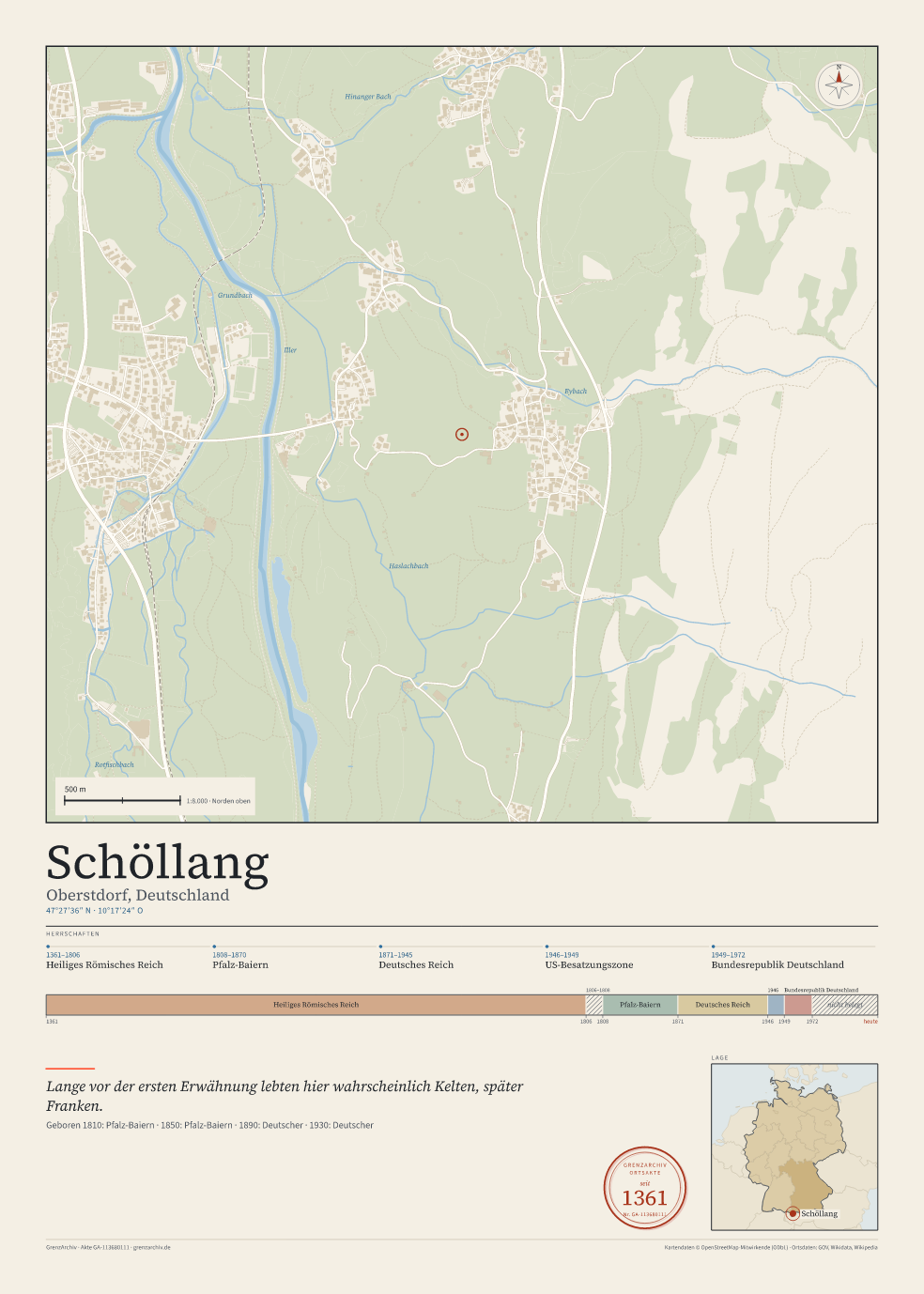 Vorschau des Kartenblatts von Schöllang: oben der Stadtplan, unten Ortsname, Koordinaten und die Herrschaften des Ortes