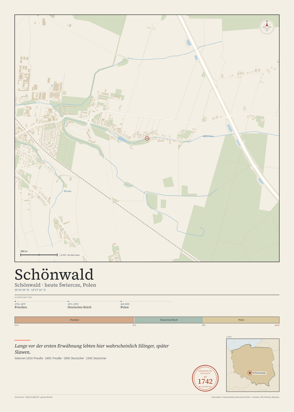 Vorschau des Kartenblatts von Schönwald: oben der Stadtplan, unten Ortsname, Koordinaten und die Herrschaften des Ortes