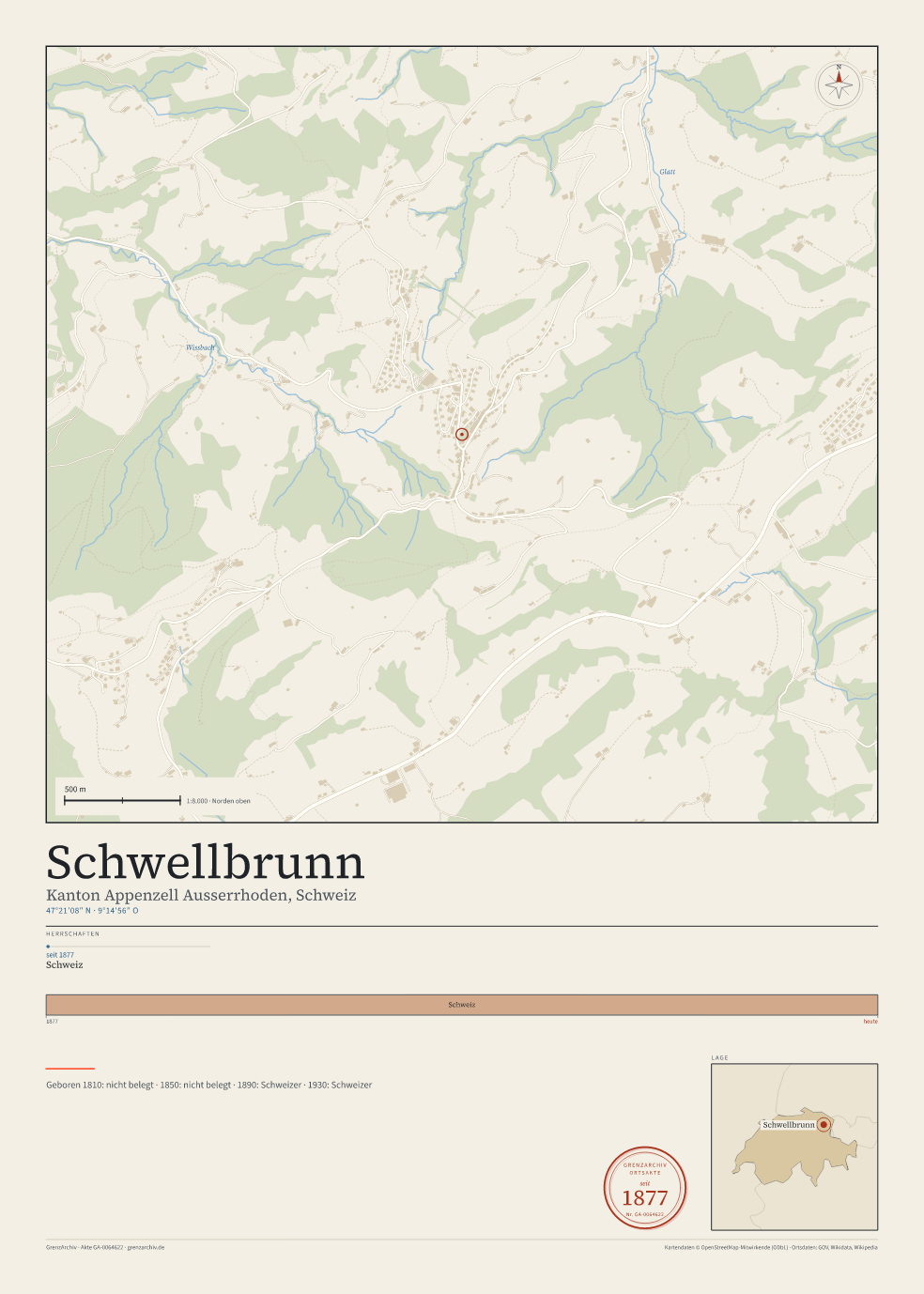 Vorschau des Kartenblatts von Schwellbrunn: oben der Stadtplan, unten Ortsname, Koordinaten und die Herrschaften des Ortes