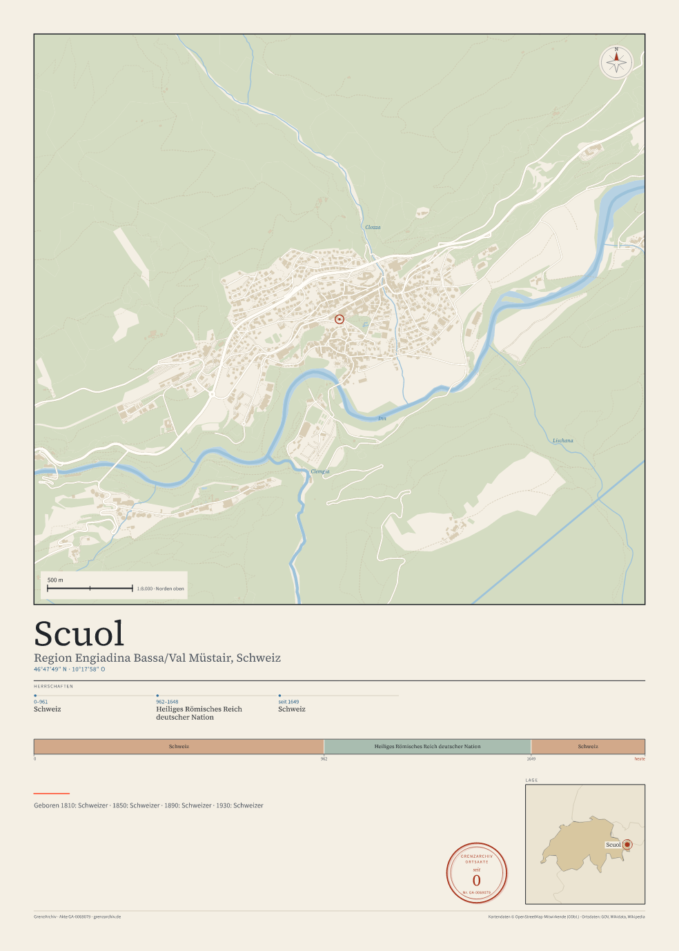 Vorschau des Kartenblatts von Scuol: oben der Stadtplan, unten Ortsname, Koordinaten und die Herrschaften des Ortes