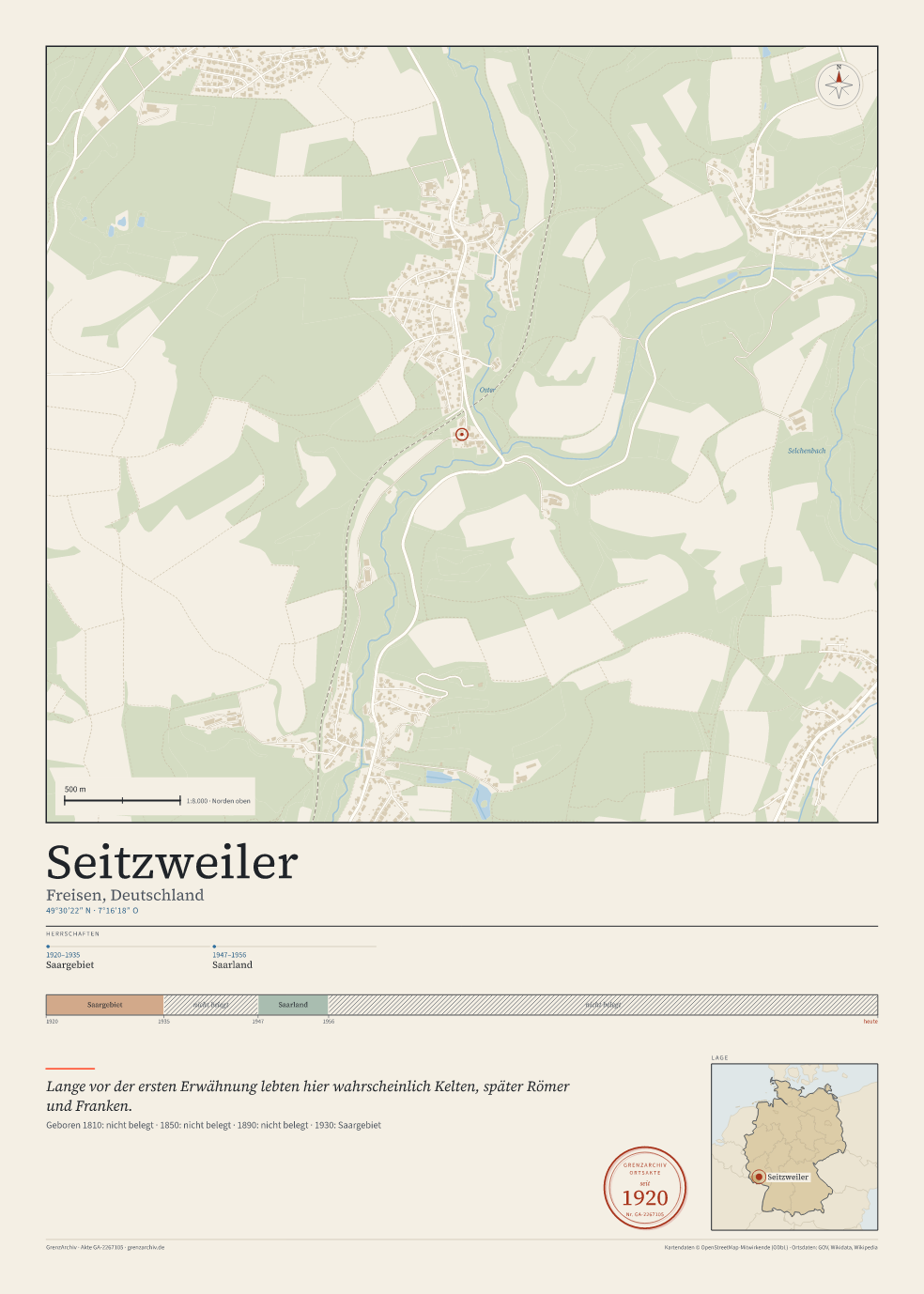 Vorschau des Kartenblatts von Seitzweiler: oben der Stadtplan, unten Ortsname, Koordinaten und die Herrschaften des Ortes