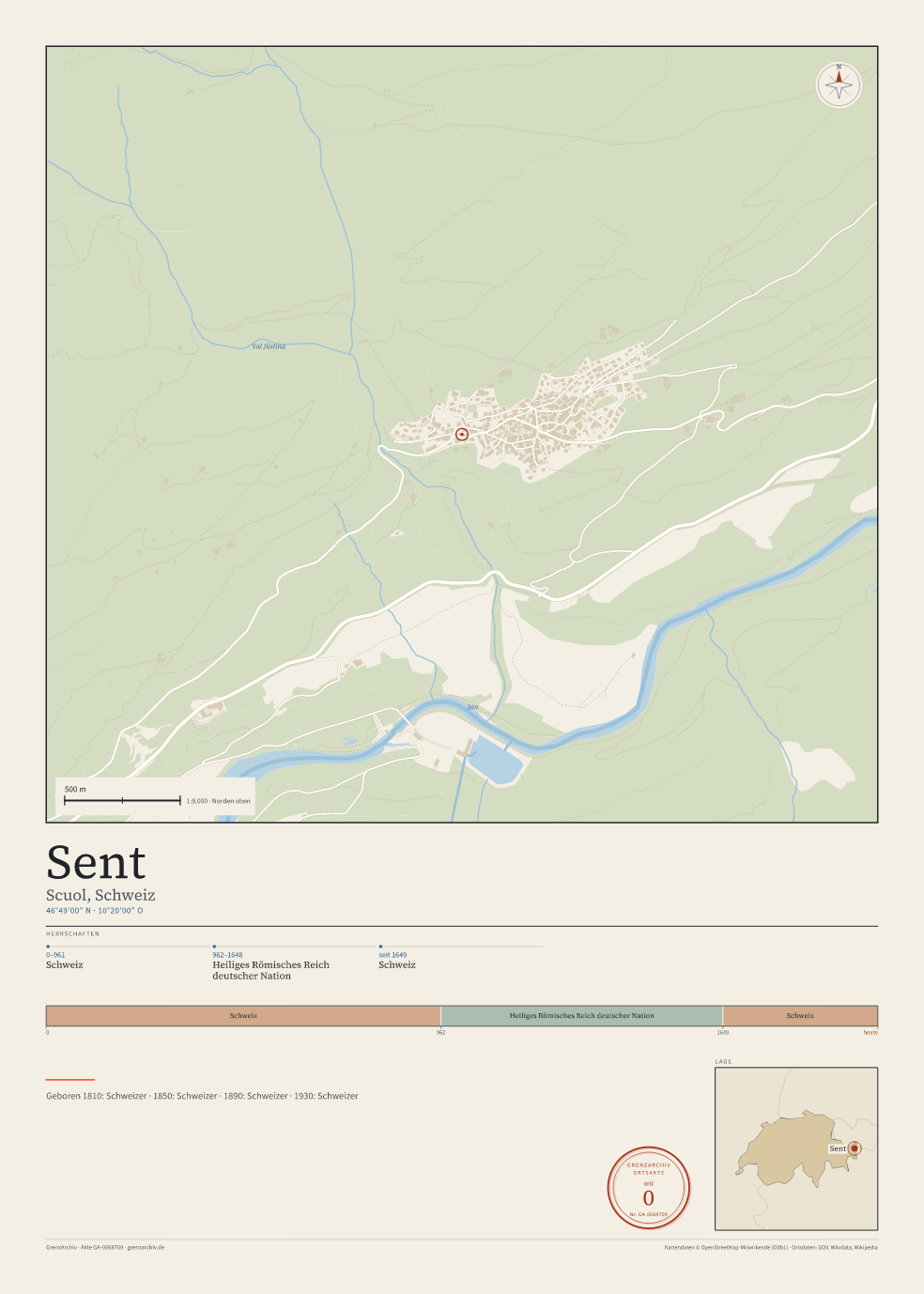 Vorschau des Kartenblatts von Sent: oben der Stadtplan, unten Ortsname, Koordinaten und die Herrschaften des Ortes