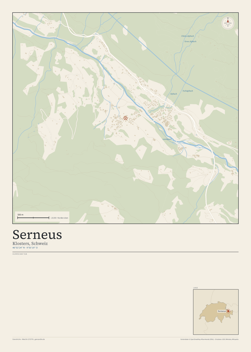 Vorschau des Kartenblatts von Serneus: oben der Stadtplan, unten Ortsname, Koordinaten und die Herrschaften des Ortes