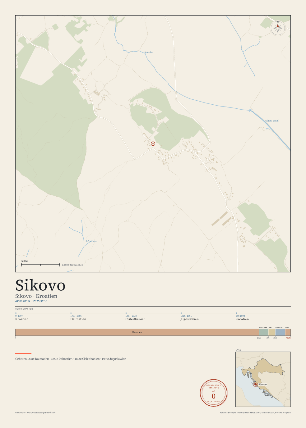 Vorschau des Kartenblatts von Sikovo: oben der Stadtplan, unten Ortsname, Koordinaten und die Herrschaften des Ortes