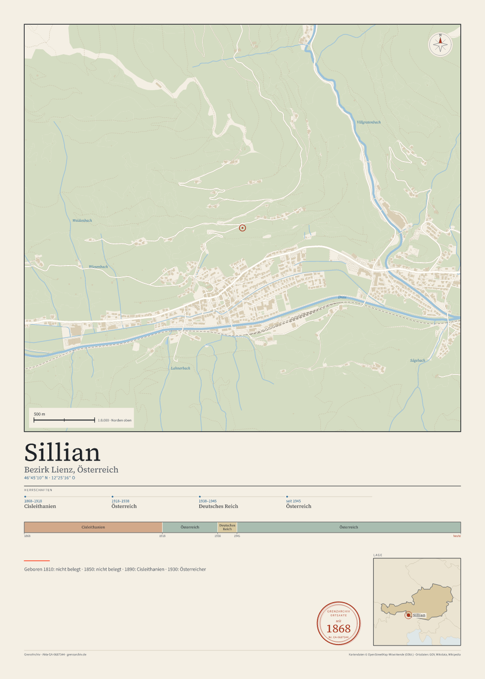 Vorschau des Kartenblatts von Sillian: oben der Stadtplan, unten Ortsname, Koordinaten und die Herrschaften des Ortes