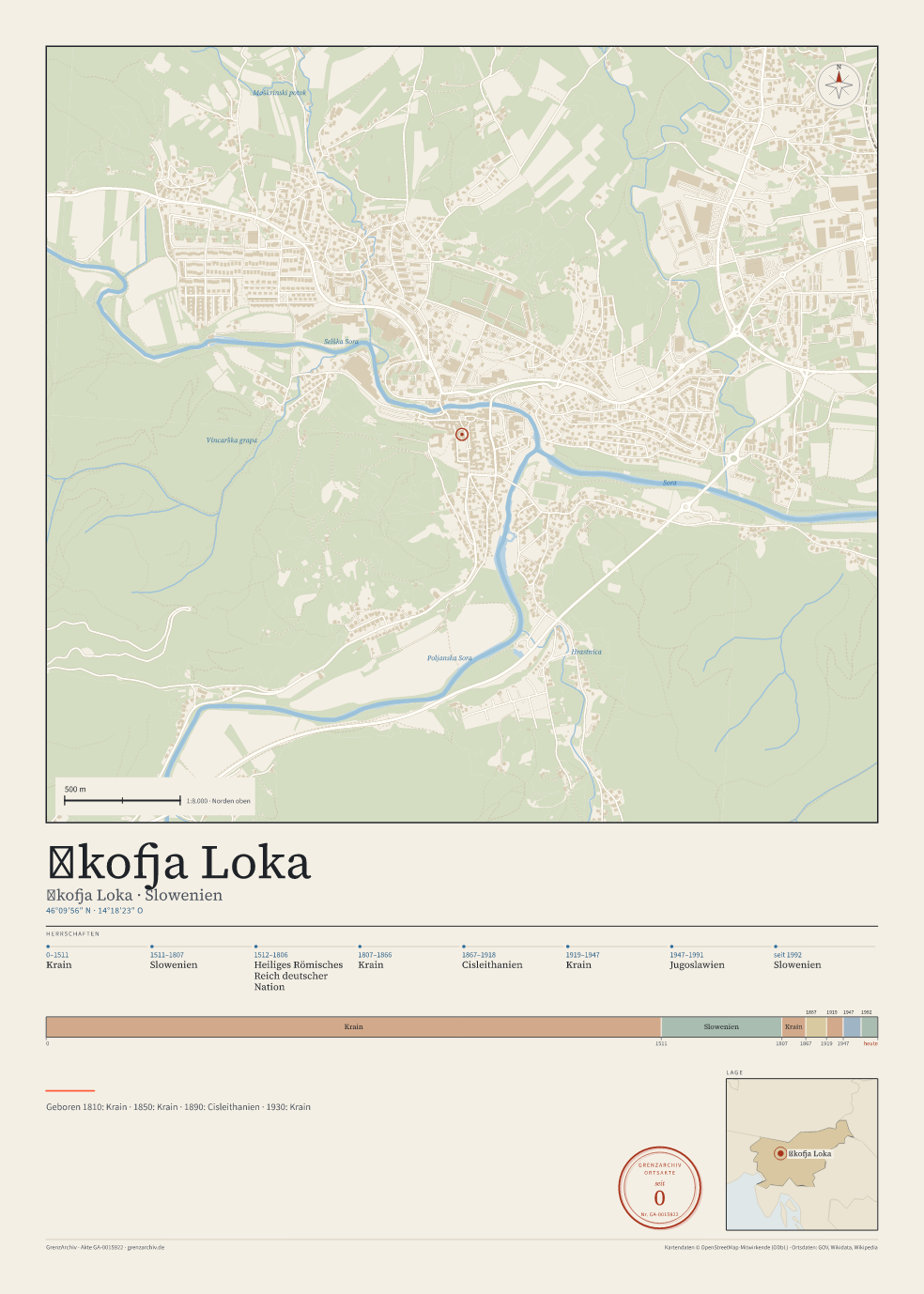 Vorschau des Kartenblatts von Škofja Loka: oben der Stadtplan, unten Ortsname, Koordinaten und die Herrschaften des Ortes