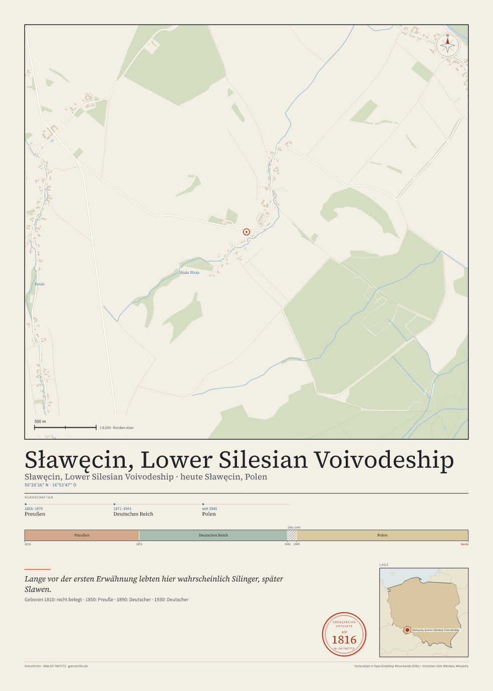 Vorschau des Kartenblatts von Sławęcin, Lower Silesian Voivodeship: oben der Stadtplan, unten Ortsname, Koordinaten und die Herrschaften des Ortes