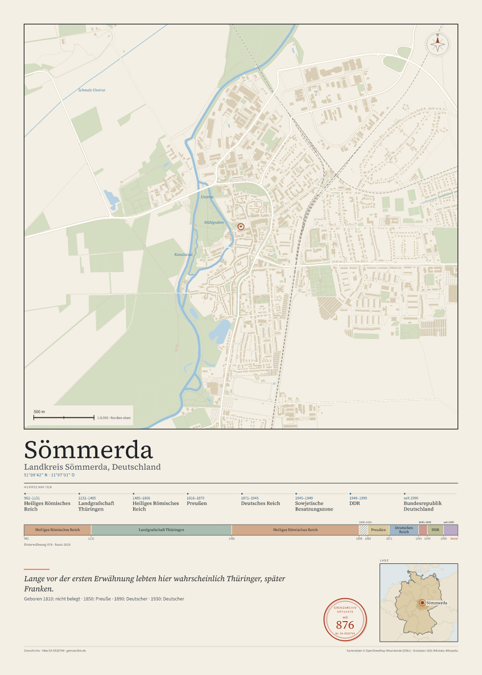 Vorschau des Kartenblatts von Sömmerda: oben der Stadtplan, unten Ortsname, Koordinaten und die Herrschaften des Ortes