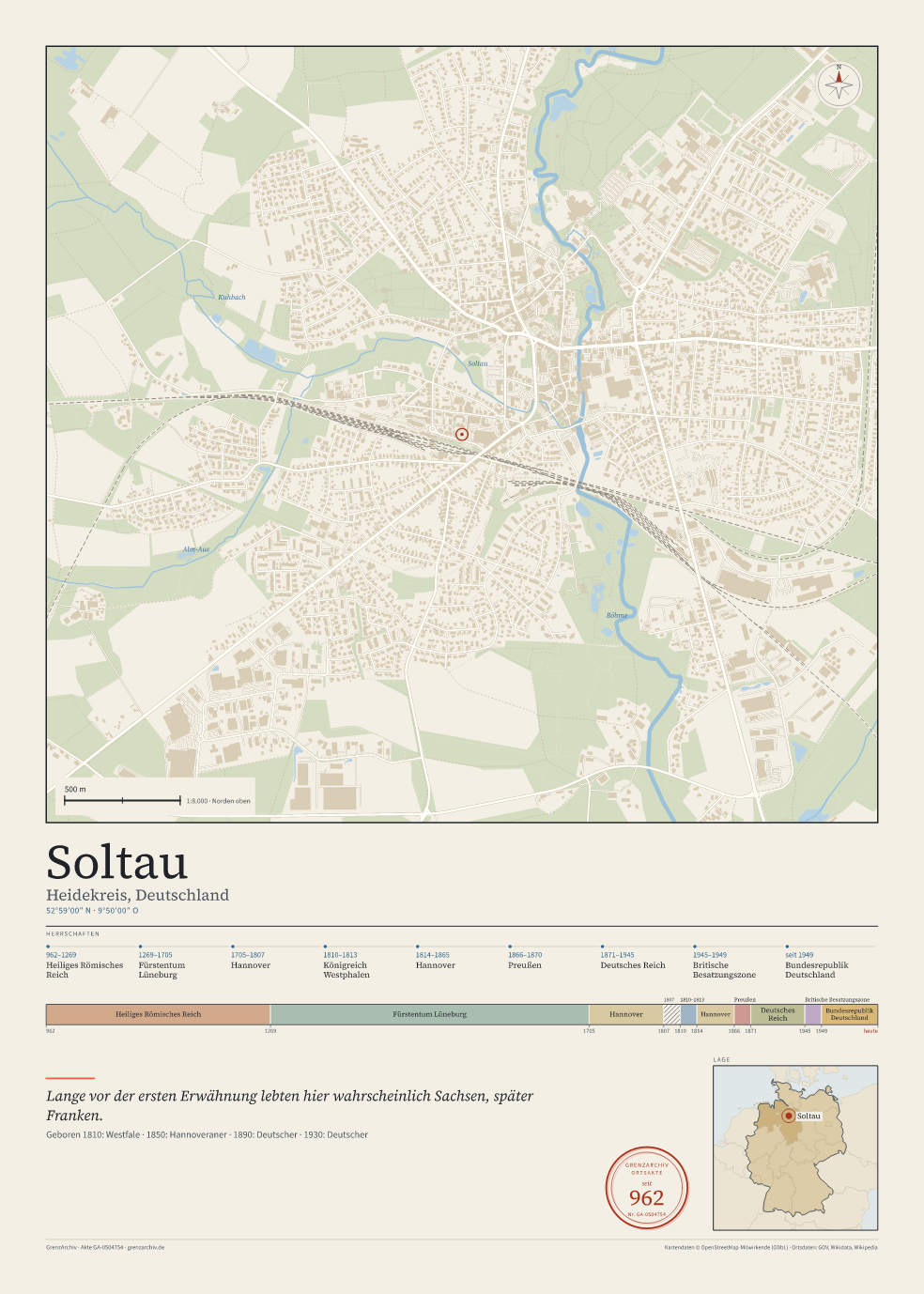 Vorschau des Kartenblatts von Soltau: oben der Stadtplan, unten Ortsname, Koordinaten und die Herrschaften des Ortes