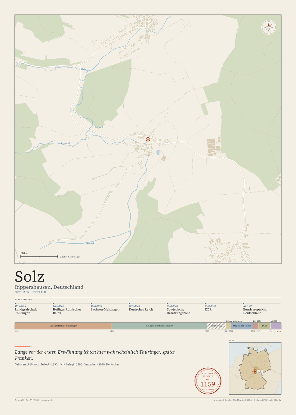 Vorschau des Kartenblatts von Solz: oben der Stadtplan, unten Ortsname, Koordinaten und die Herrschaften des Ortes