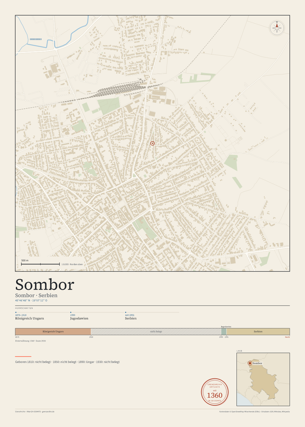Vorschau des Kartenblatts von Sombor: oben der Stadtplan, unten Ortsname, Koordinaten und die Herrschaften des Ortes