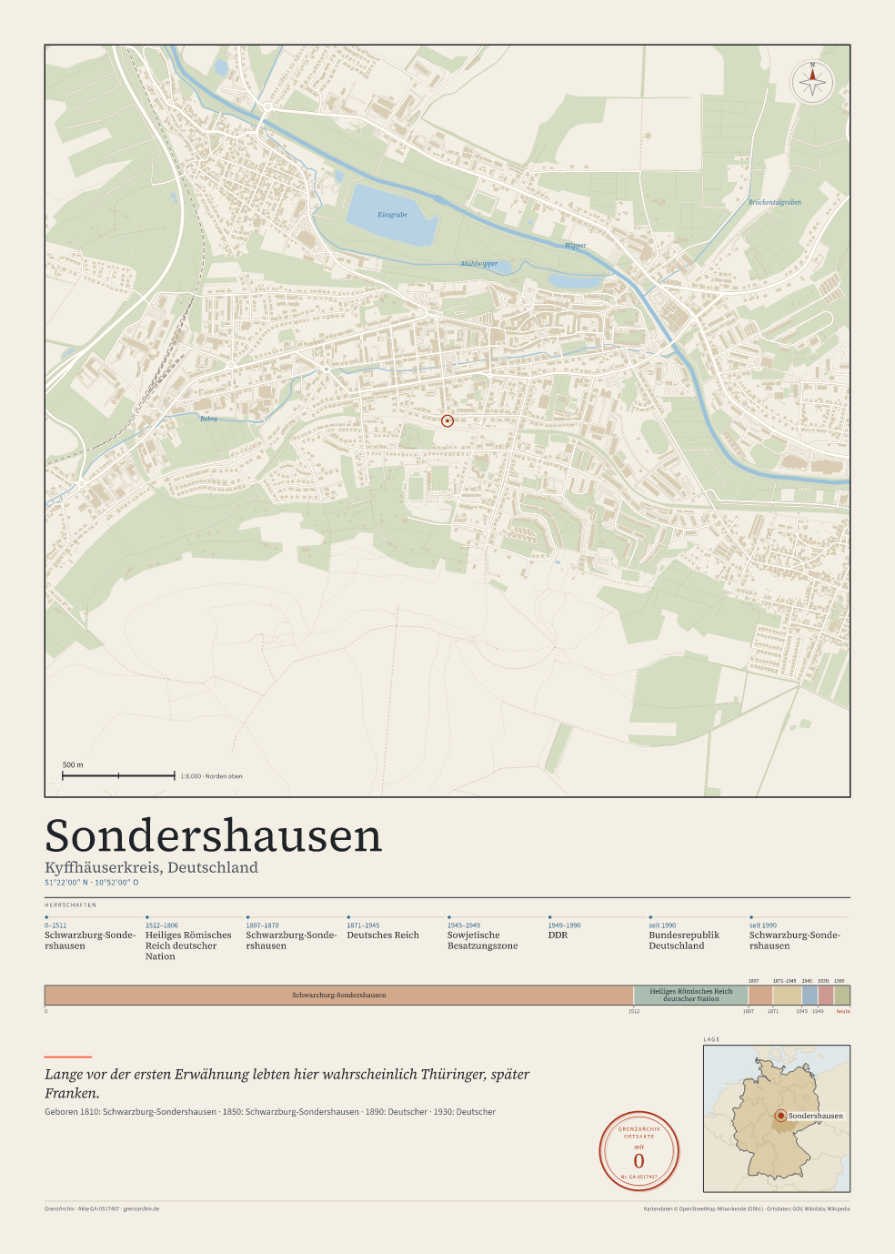Vorschau des Kartenblatts von Sondershausen: oben der Stadtplan, unten Ortsname, Koordinaten und die Herrschaften des Ortes