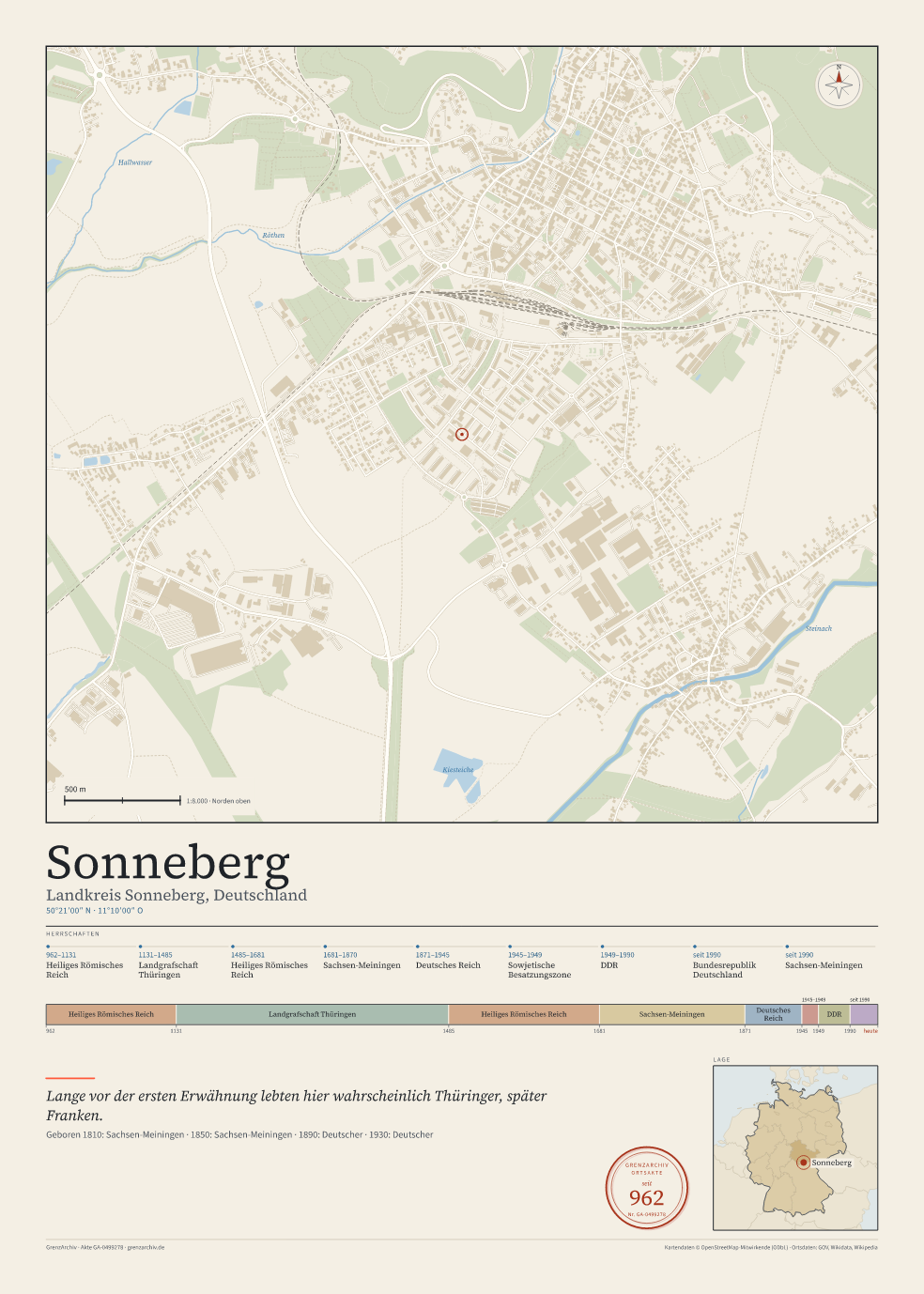 Vorschau des Kartenblatts von Sonneberg: oben der Stadtplan, unten Ortsname, Koordinaten und die Herrschaften des Ortes