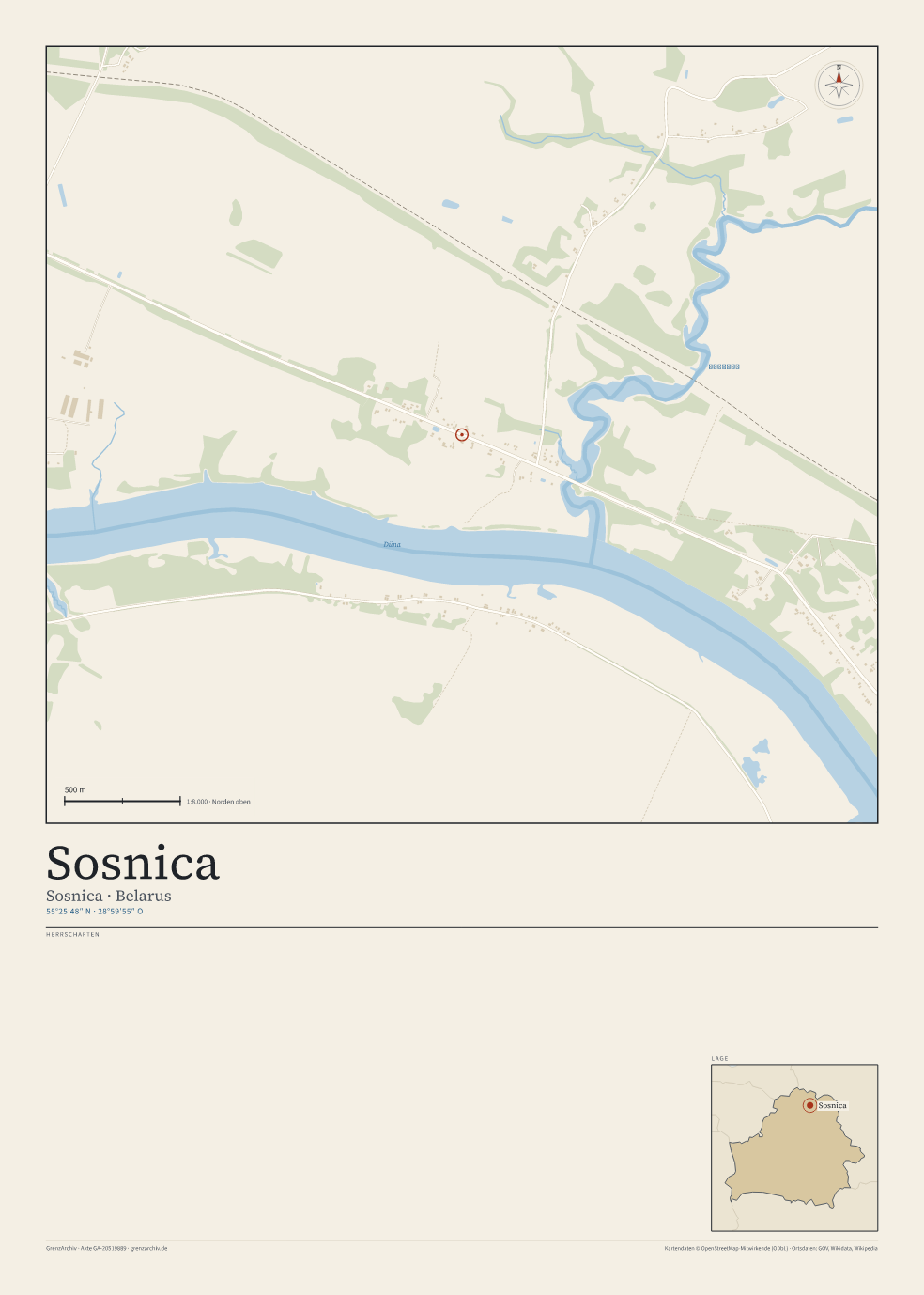 Vorschau des Kartenblatts von Sosnica: oben der Stadtplan, unten Ortsname, Koordinaten und die Herrschaften des Ortes