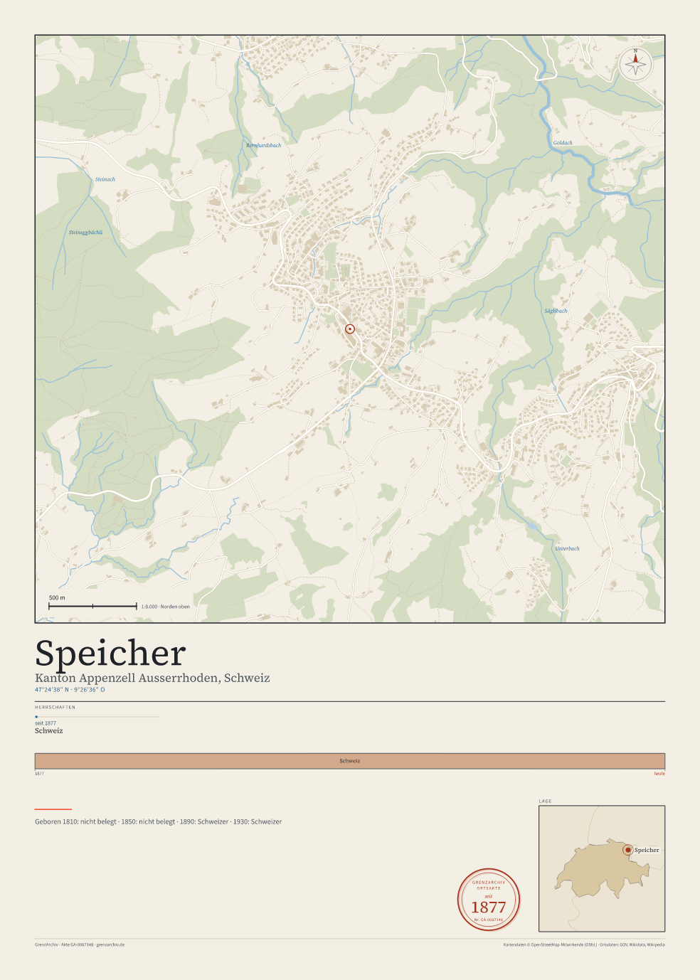 Vorschau des Kartenblatts von Speicher: oben der Stadtplan, unten Ortsname, Koordinaten und die Herrschaften des Ortes