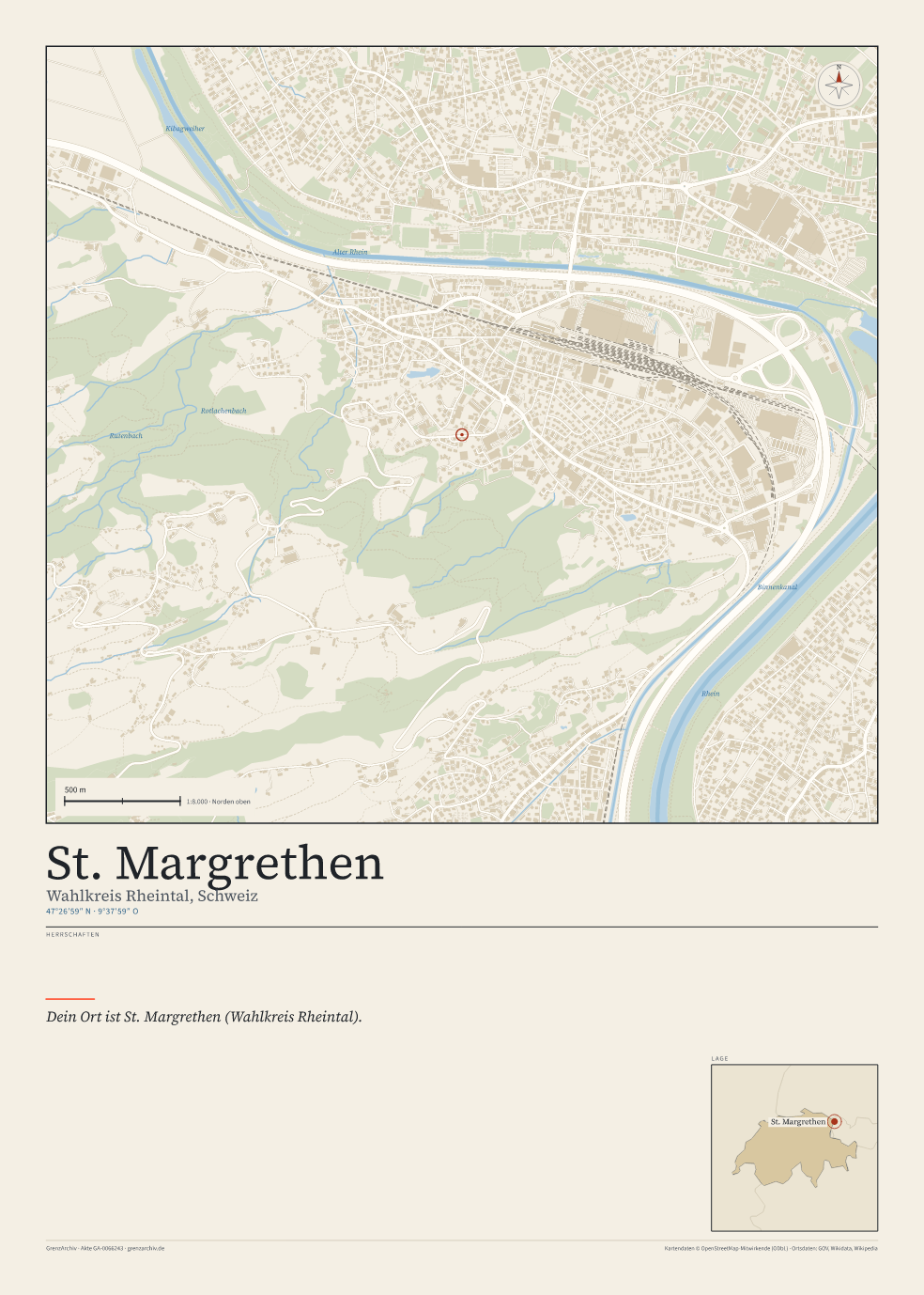Vorschau des Kartenblatts von St. Margrethen: oben der Stadtplan, unten Ortsname, Koordinaten und die Herrschaften des Ortes
