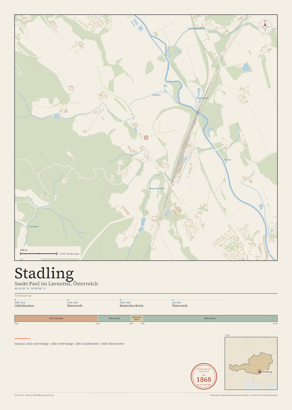 Vorschau des Kartenblatts von Stadling: oben der Stadtplan, unten Ortsname, Koordinaten und die Herrschaften des Ortes