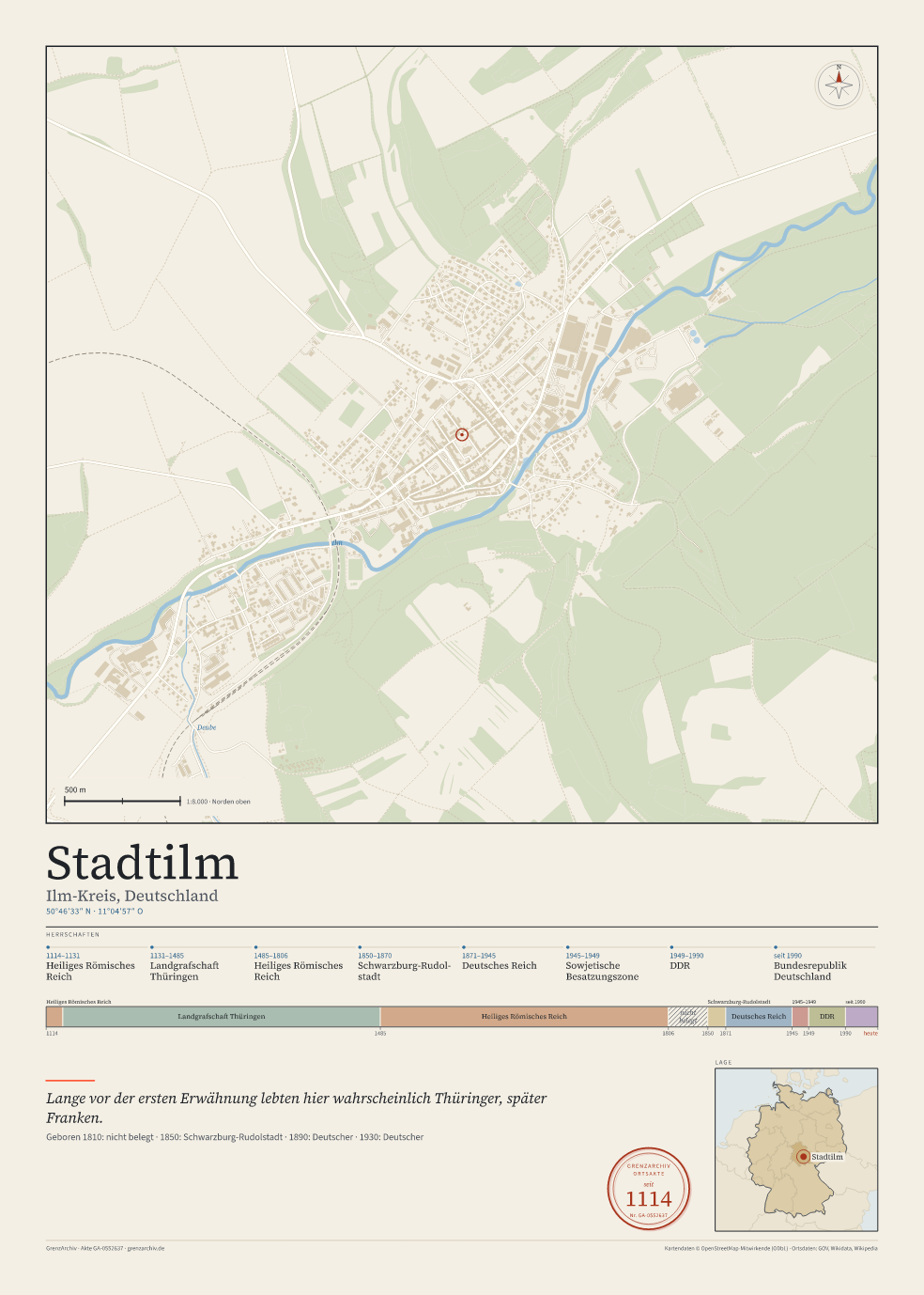 Vorschau des Kartenblatts von Stadtilm: oben der Stadtplan, unten Ortsname, Koordinaten und die Herrschaften des Ortes
