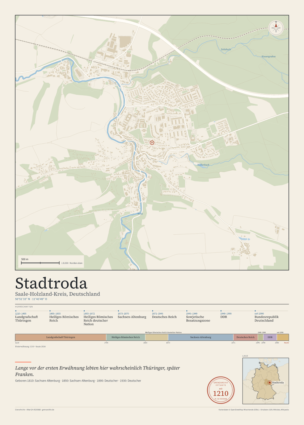 Vorschau des Kartenblatts von Stadtroda: oben der Stadtplan, unten Ortsname, Koordinaten und die Herrschaften des Ortes