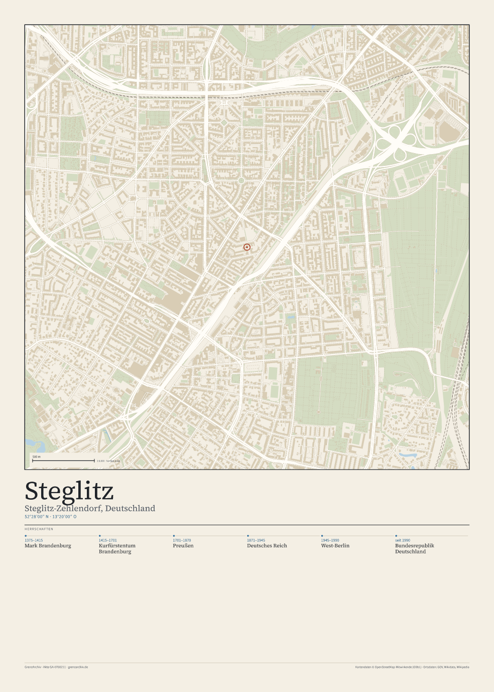 Vorschau des Stadtplan-Posters von Steglitz: oben der Stadtplan, unten Ortsname, Koordinaten und die Herrschaften des Ortes