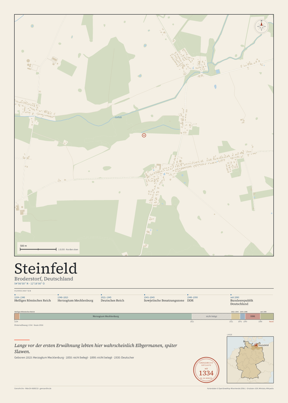 Vorschau des Kartenblatts von Steinfeld: oben der Stadtplan, unten Ortsname, Koordinaten und die Herrschaften des Ortes
