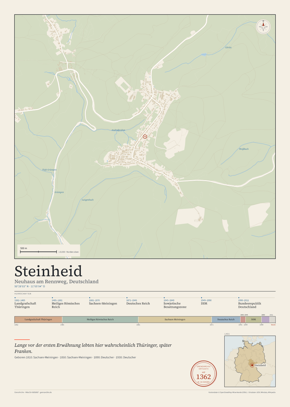 Vorschau des Kartenblatts von Steinheid: oben der Stadtplan, unten Ortsname, Koordinaten und die Herrschaften des Ortes