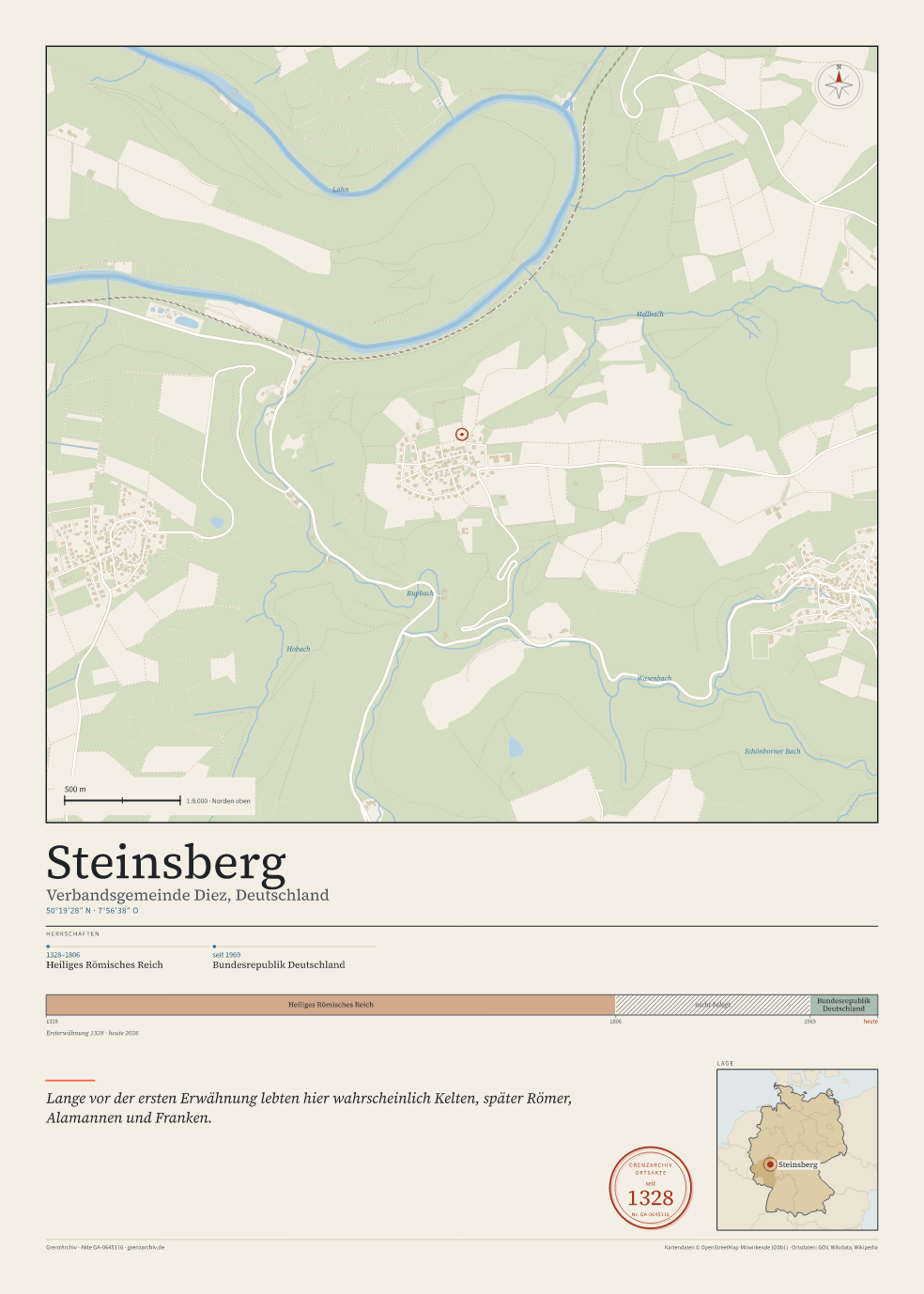 Vorschau des Kartenblatts von Steinsberg: oben der Stadtplan, unten Ortsname, Koordinaten und die Herrschaften des Ortes