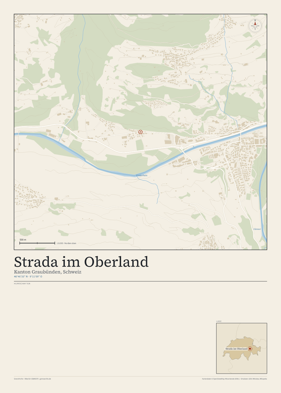 Vorschau des Kartenblatts von Strada im Oberland: oben der Stadtplan, unten Ortsname, Koordinaten und die Herrschaften des Ortes