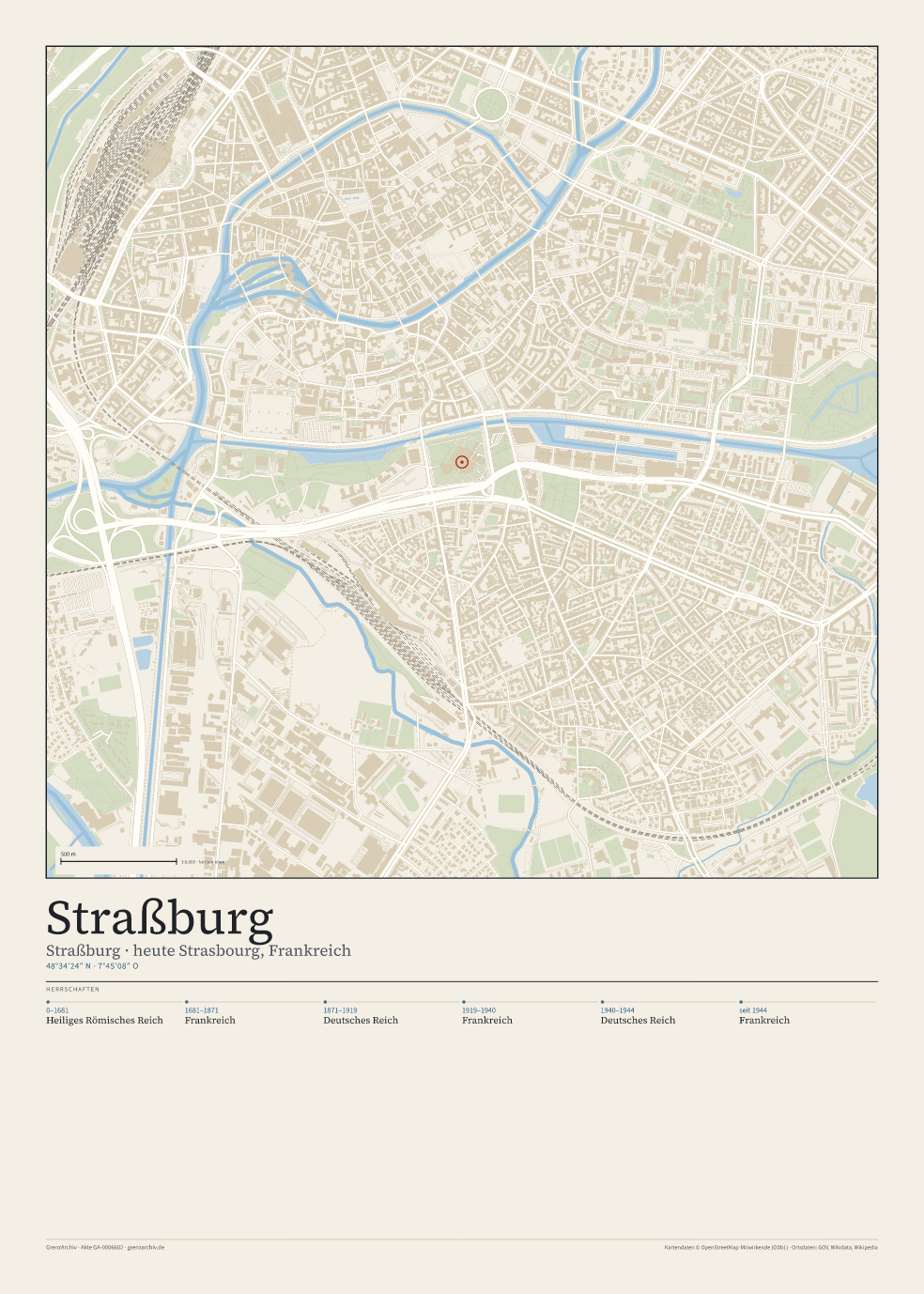 Vorschau des Stadtplan-Posters von Straßburg: oben der Stadtplan, unten Ortsname, Koordinaten und die Herrschaften des Ortes