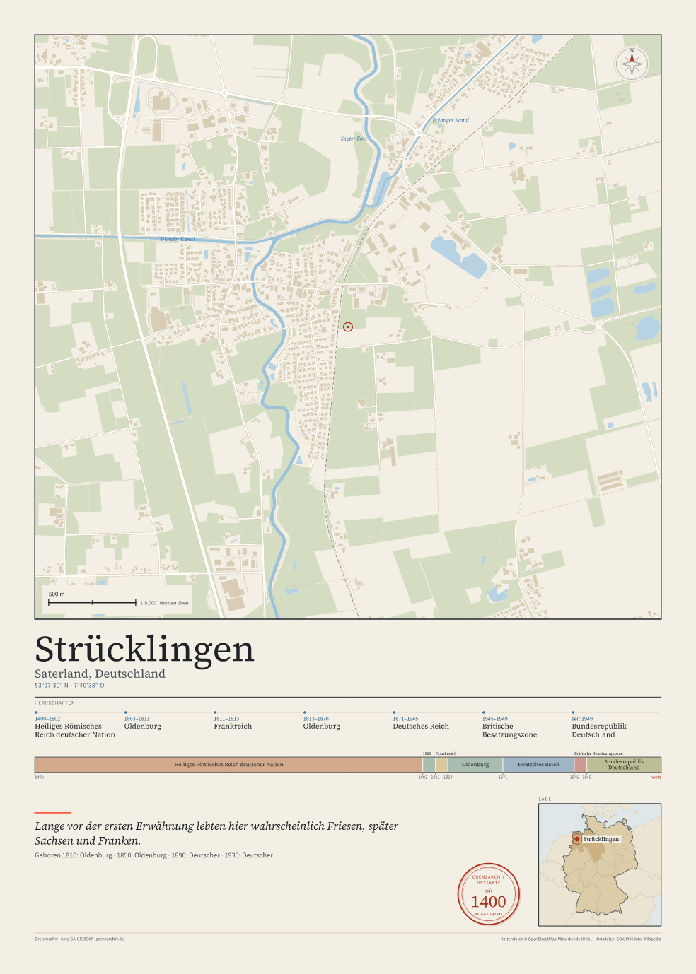 Vorschau des Kartenblatts von Strücklingen: oben der Stadtplan, unten Ortsname, Koordinaten und die Herrschaften des Ortes