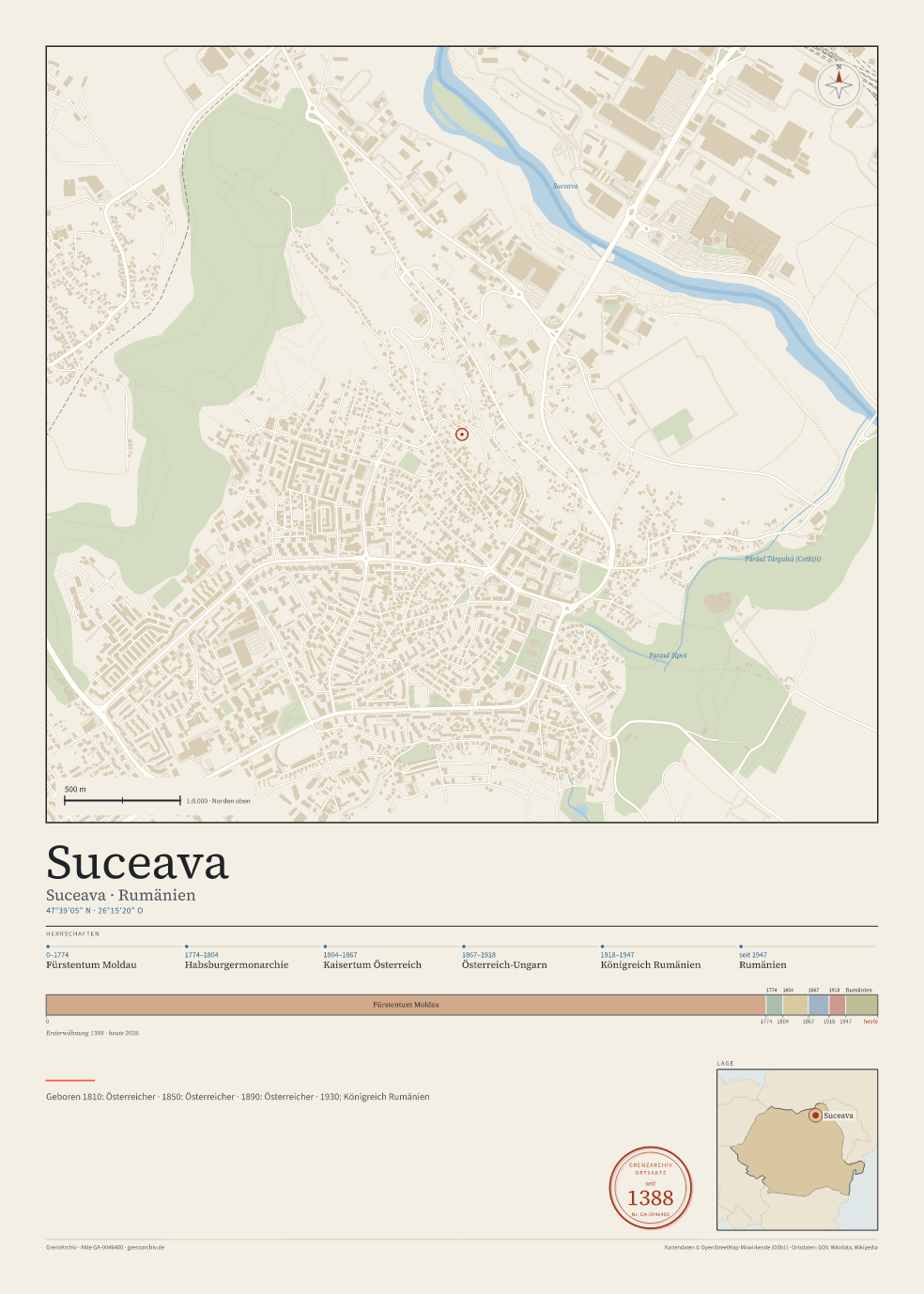 Vorschau des Kartenblatts von Suceava: oben der Stadtplan, unten Ortsname, Koordinaten und die Herrschaften des Ortes