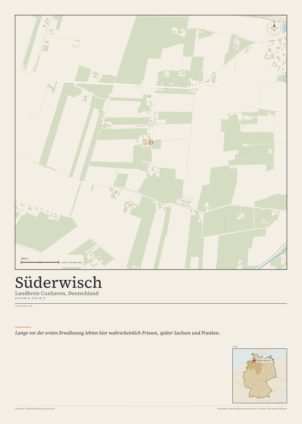 Vorschau des Kartenblatts von Süderwisch: oben der Stadtplan, unten Ortsname, Koordinaten und die Herrschaften des Ortes