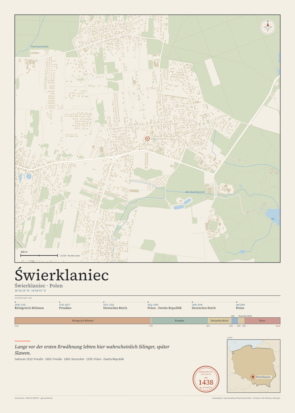 Vorschau des Kartenblatts von Świerklaniec: oben der Stadtplan, unten Ortsname, Koordinaten und die Herrschaften des Ortes