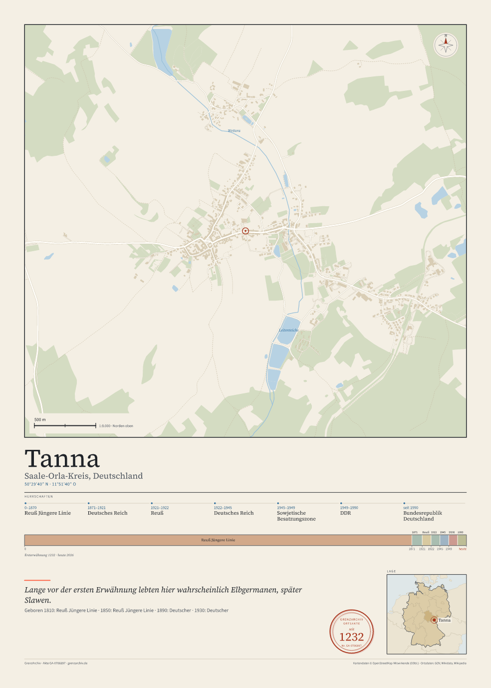 Vorschau des Kartenblatts von Tanna: oben der Stadtplan, unten Ortsname, Koordinaten und die Herrschaften des Ortes